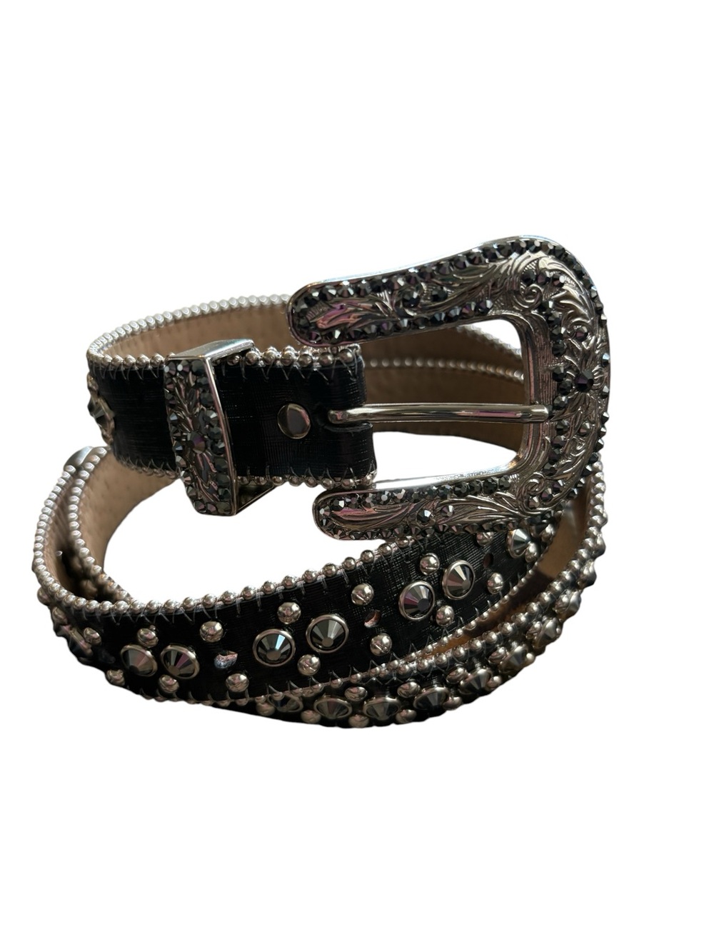 B.B. Simon Black Studded Western-Style Belt with Ornate Silver Buckle